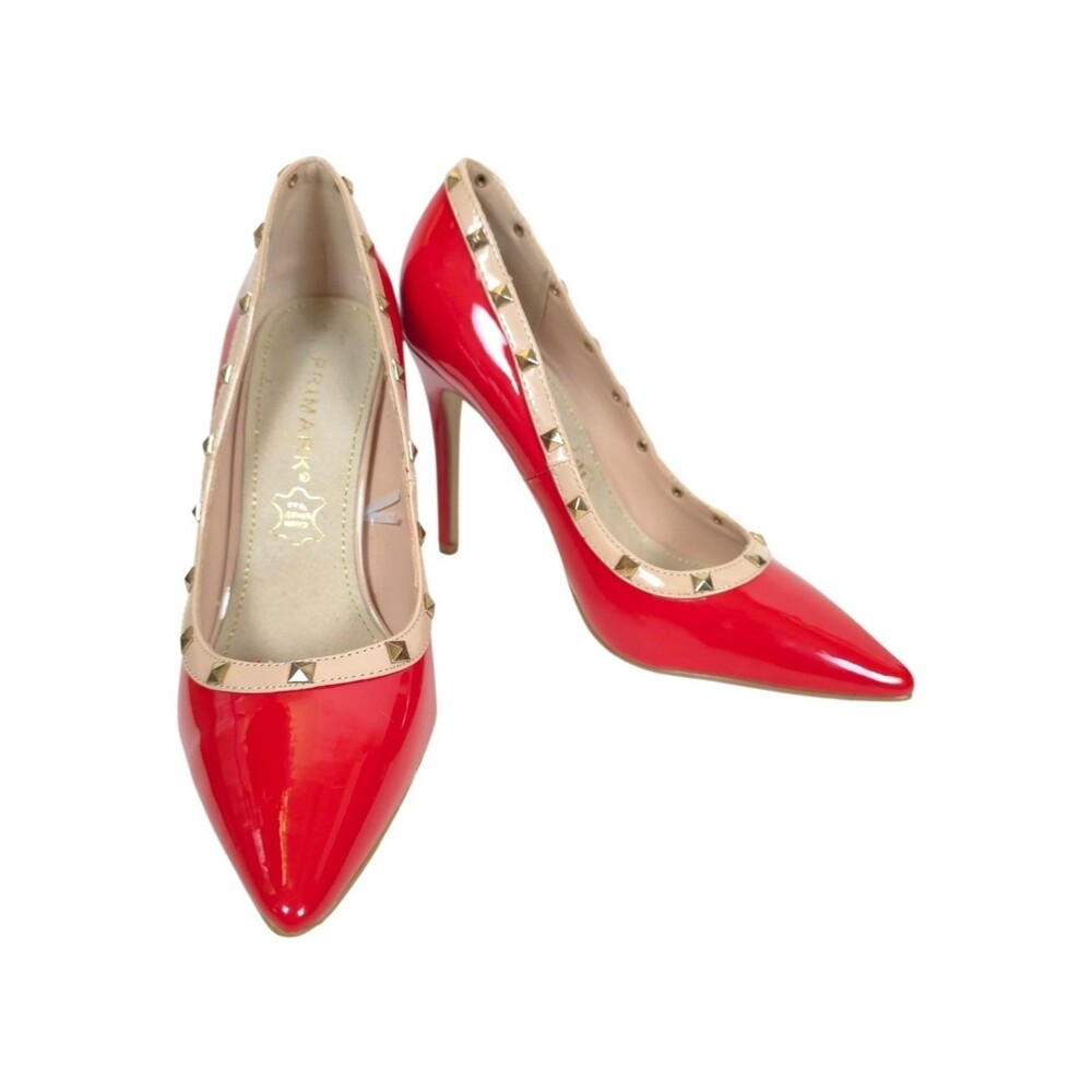 Primark Red Patent Studded Pumps Pointed Toe Stiletto Leather Heels Size 7